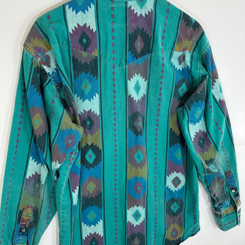 Vintage Wrangler Brushpopper Pearl Snap Shirt 16.5/35 Striped Aztec 90s USA RARE - Picture 12 of 12